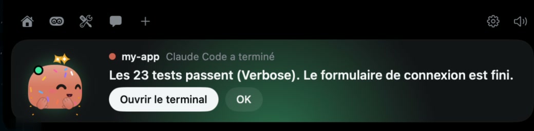 Le notch : Claude Code a terminé, les 23 tests passent