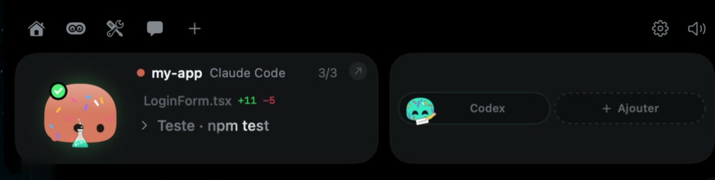 Le notch : my-app, Claude Code, Teste npm test, LoginForm.tsx +11 −5